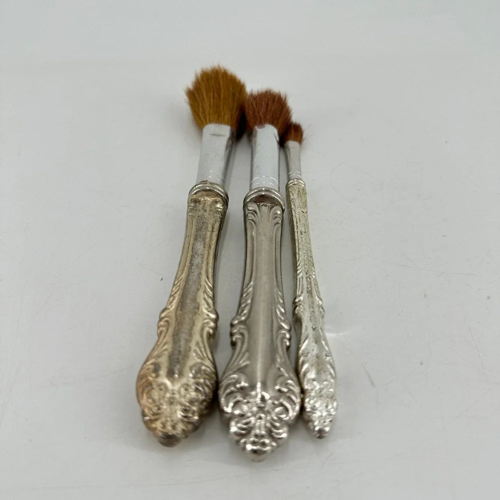 Vintage Ornate Silver Tone Repousse Makeup Brush Set of 3 Floral Scroll Vanity